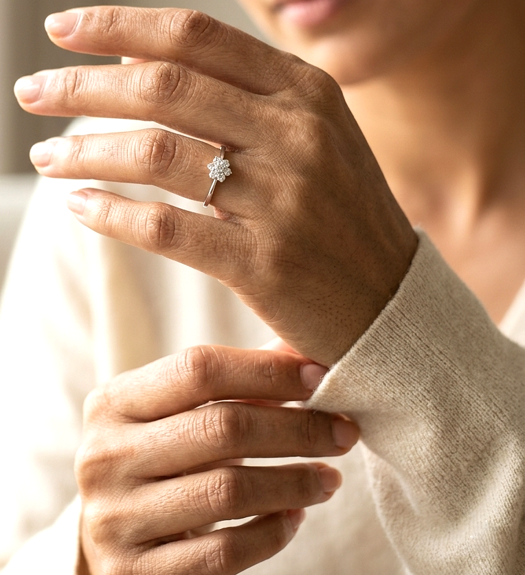 18K white gold floral diamond cluster ring with delicate minimalist design.