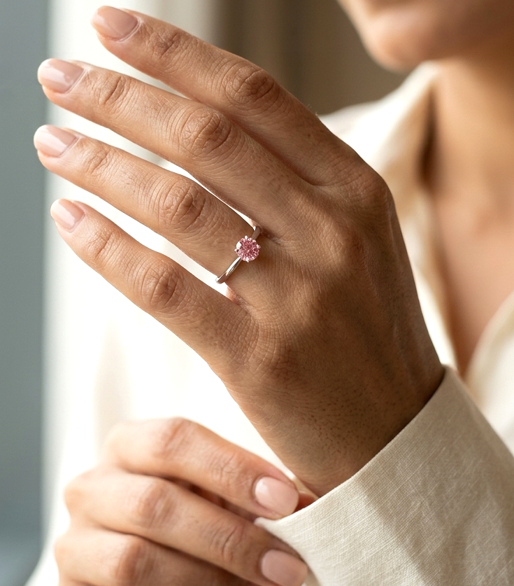 18K white gold pink sapphire solitaire ring featuring a 0.91 carat round pink sapphire in a classic four-prong setting