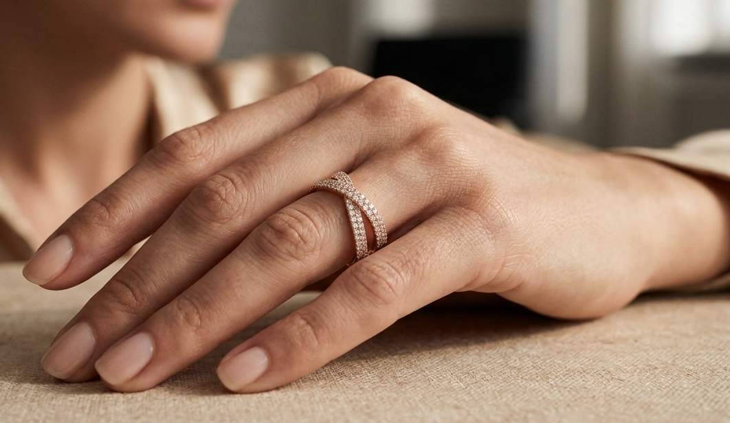 18K rose gold criss cross diamond ring with pavé set round brilliant diamonds totaling 0.79 carat in a contemporary crossover design.