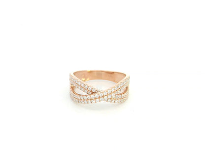 18K rose gold criss cross diamond ring with pavé set round brilliant diamonds totaling 0.79 carat in a contemporary crossover design.