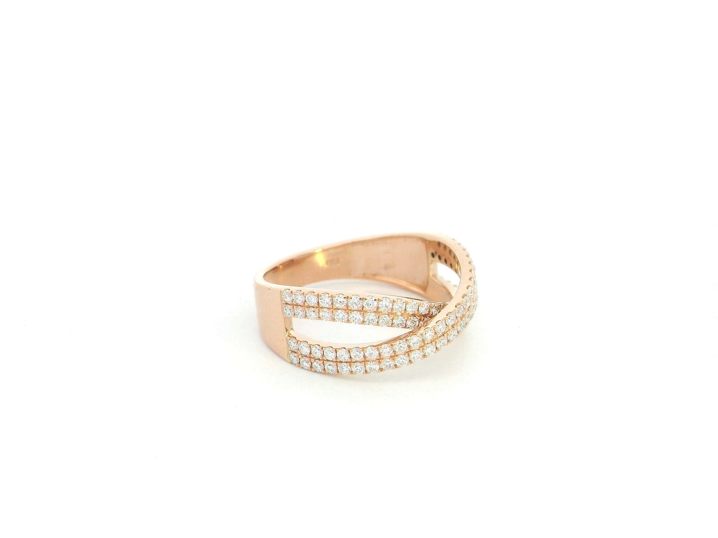 18K rose gold criss cross diamond ring with pavé set round brilliant diamonds totaling 0.79 carat in a contemporary crossover design.
