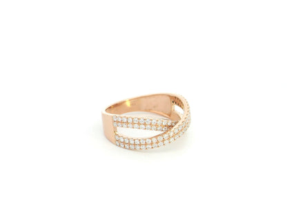 18K rose gold criss cross diamond ring with pavé set round brilliant diamonds totaling 0.79 carat in a contemporary crossover design.