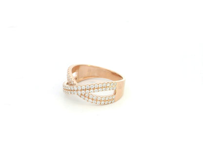 18K rose gold criss cross diamond ring with pavé set round brilliant diamonds totaling 0.79 carat in a contemporary crossover design.