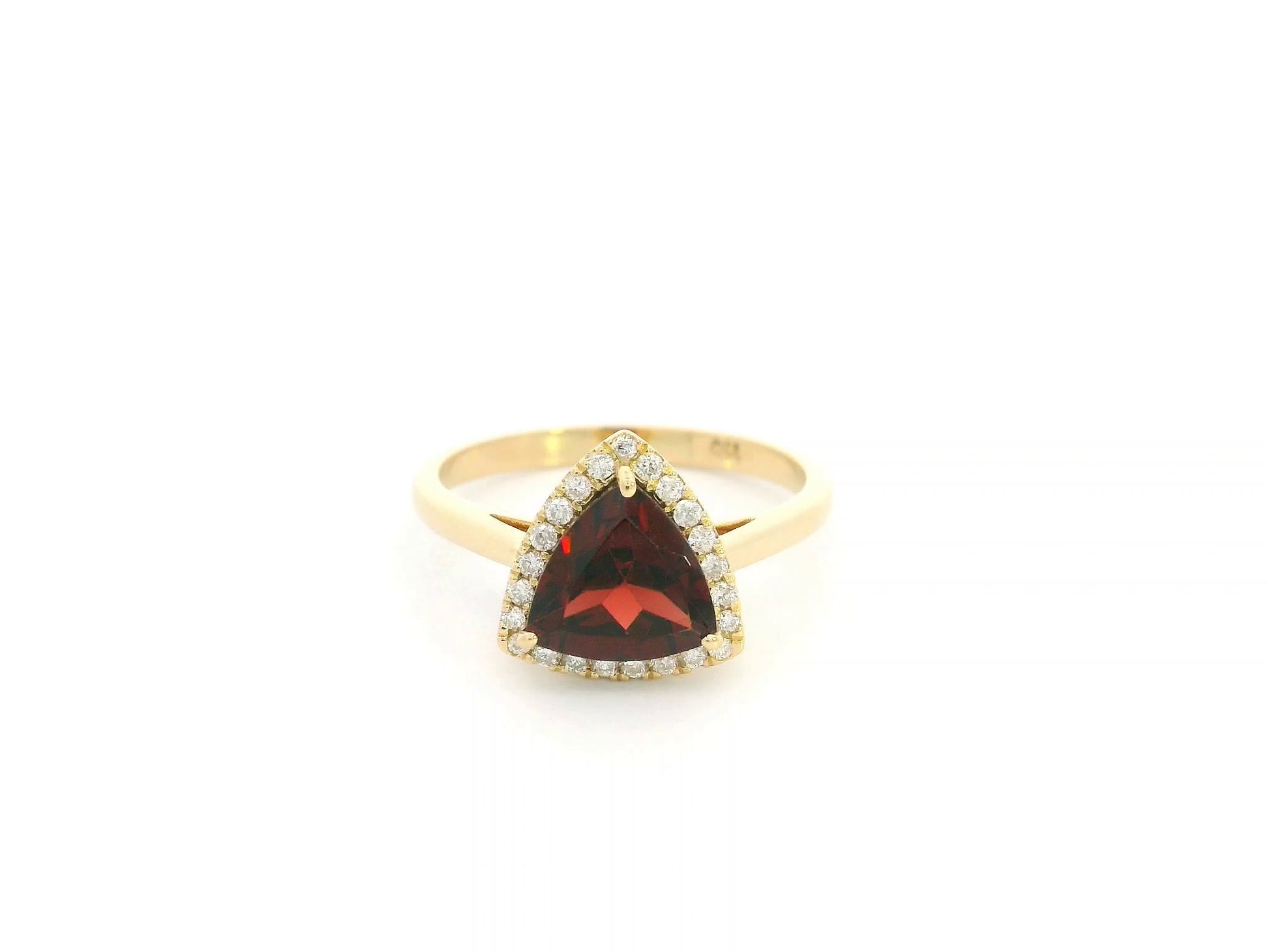 Trillion Cut Garnet and Diamond Halo Ring in 18K Yellow Gold by Emirates Diamonds