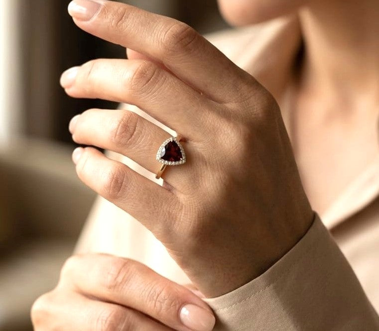 Trillion Cut Garnet and Diamond Halo Ring in 18K Yellow Gold by Emirates Diamonds