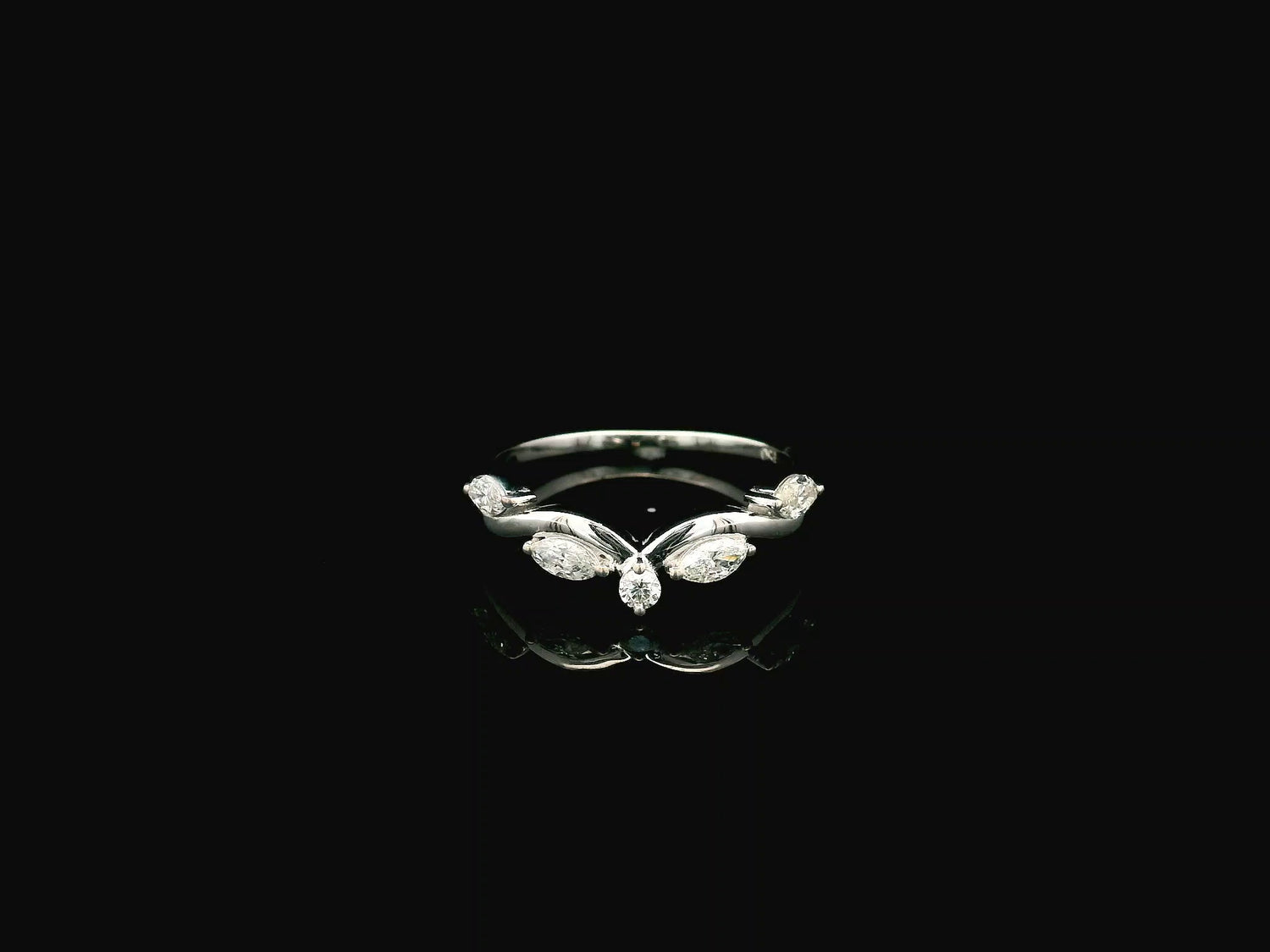 Marquise diamond contour wedding band in 18K white gold designed as a curved ring enhancer with 0.44 carat diamonds.