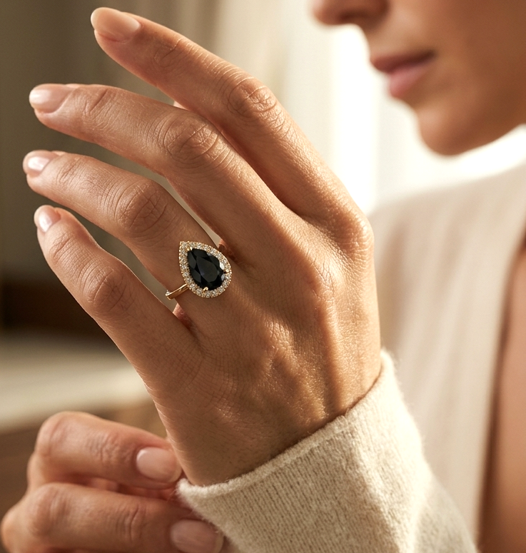 18K yellow gold pear sapphire halo ring with 3.54 carat natural sapphire and 0.36 carat diamonds