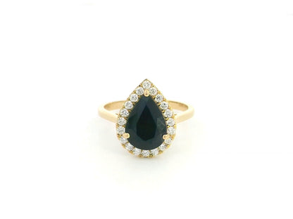 18K yellow gold pear sapphire halo ring with 3.54 carat natural sapphire and 0.36 carat diamonds