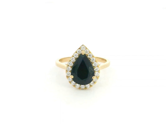 18K yellow gold pear sapphire halo ring with 3.54 carat natural sapphire and 0.36 carat diamonds