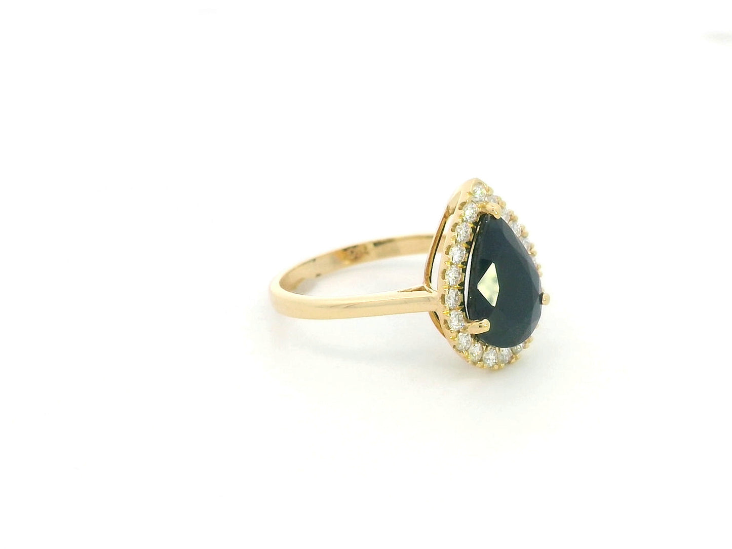 18K yellow gold pear sapphire halo ring with 3.54 carat natural sapphire and 0.36 carat diamonds