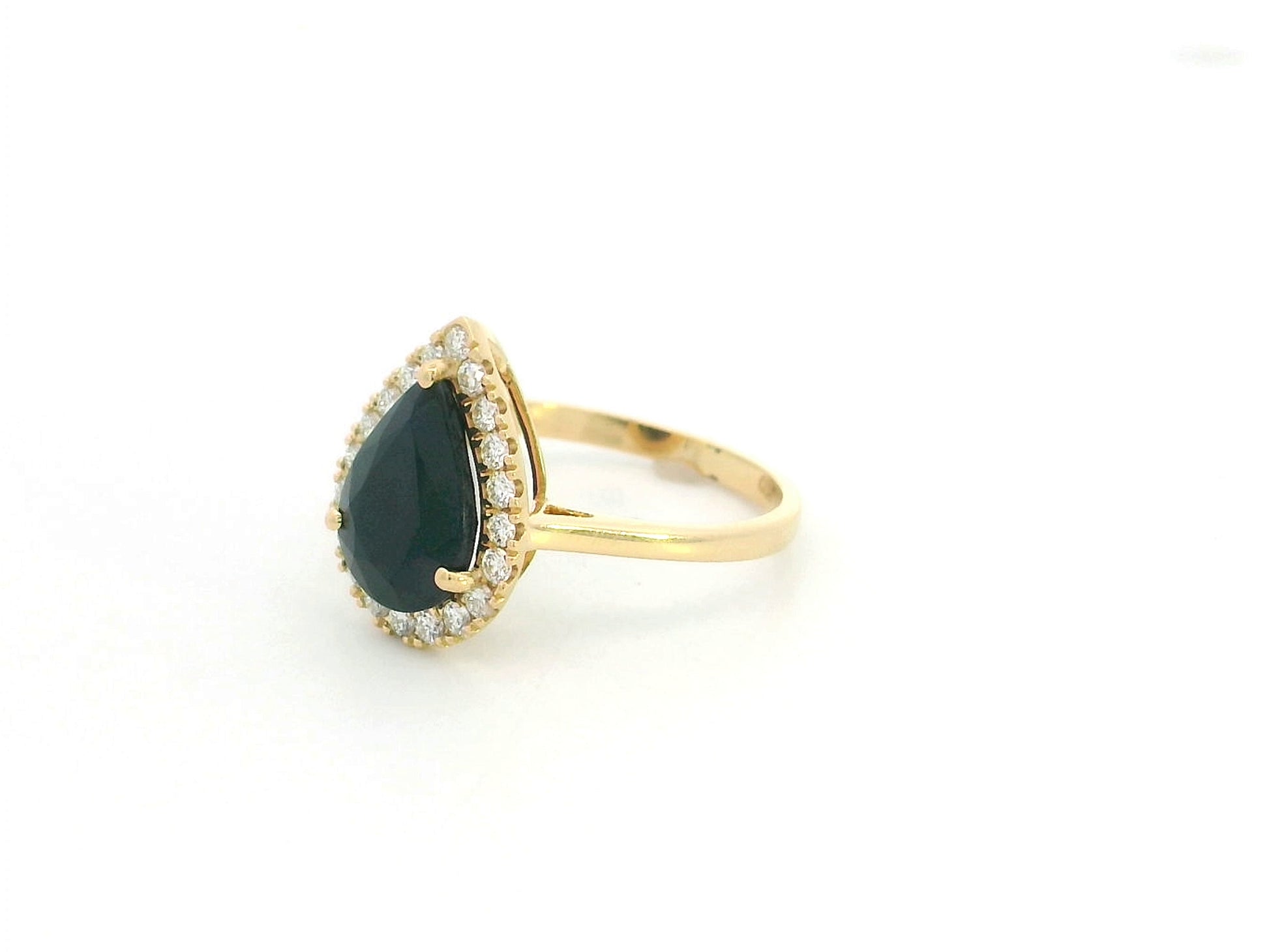 18K yellow gold pear sapphire halo ring with 3.54 carat natural sapphire and 0.36 carat diamonds