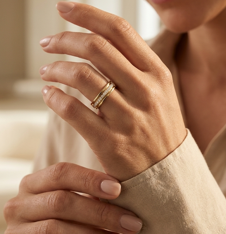 Diamond triple row band ring in 18K yellow gold with 0.25 carat natural diamonds and contemporary layered openwork design.