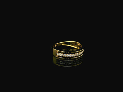 Diamond triple row band ring in 18K yellow gold with 0.25 carat natural diamonds and contemporary layered openwork design.