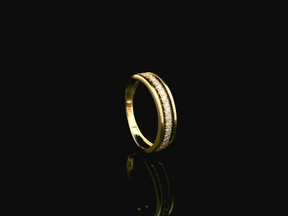 Diamond triple row band ring in 18K yellow gold with 0.25 carat natural diamonds and contemporary layered openwork design.