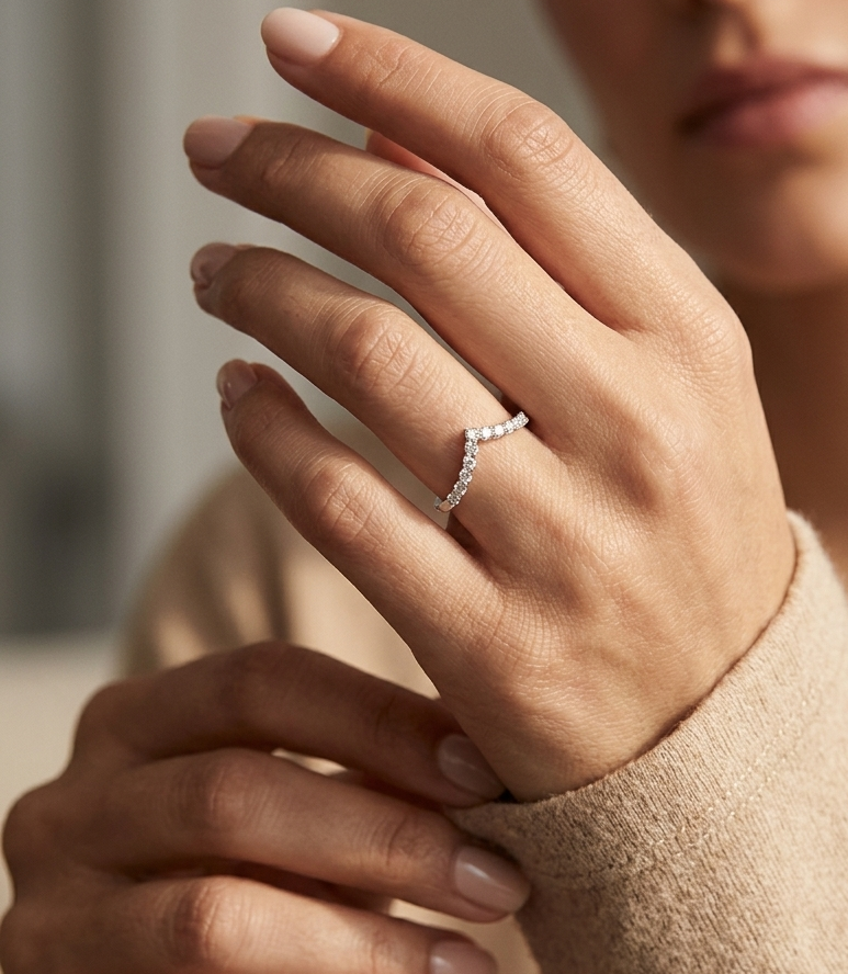 Diamond chevron wedding band ring in 18K white gold featuring 0.36 carat natural diamonds in a V-shaped design.