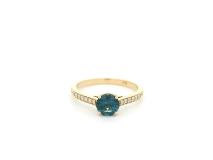 London Blue Topaz and diamond ring in 18K yellow gold with 0.95 carat round London Blue Topaz