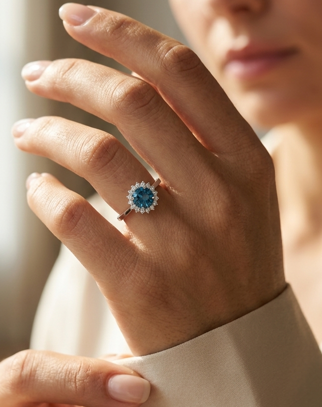 London Blue Topaz halo ring in 18K white gold with diamond floral halo and 0.93 carat center stone