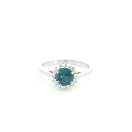 London Blue Topaz halo ring in 18K white gold with diamond floral halo and 0.93 carat center stone