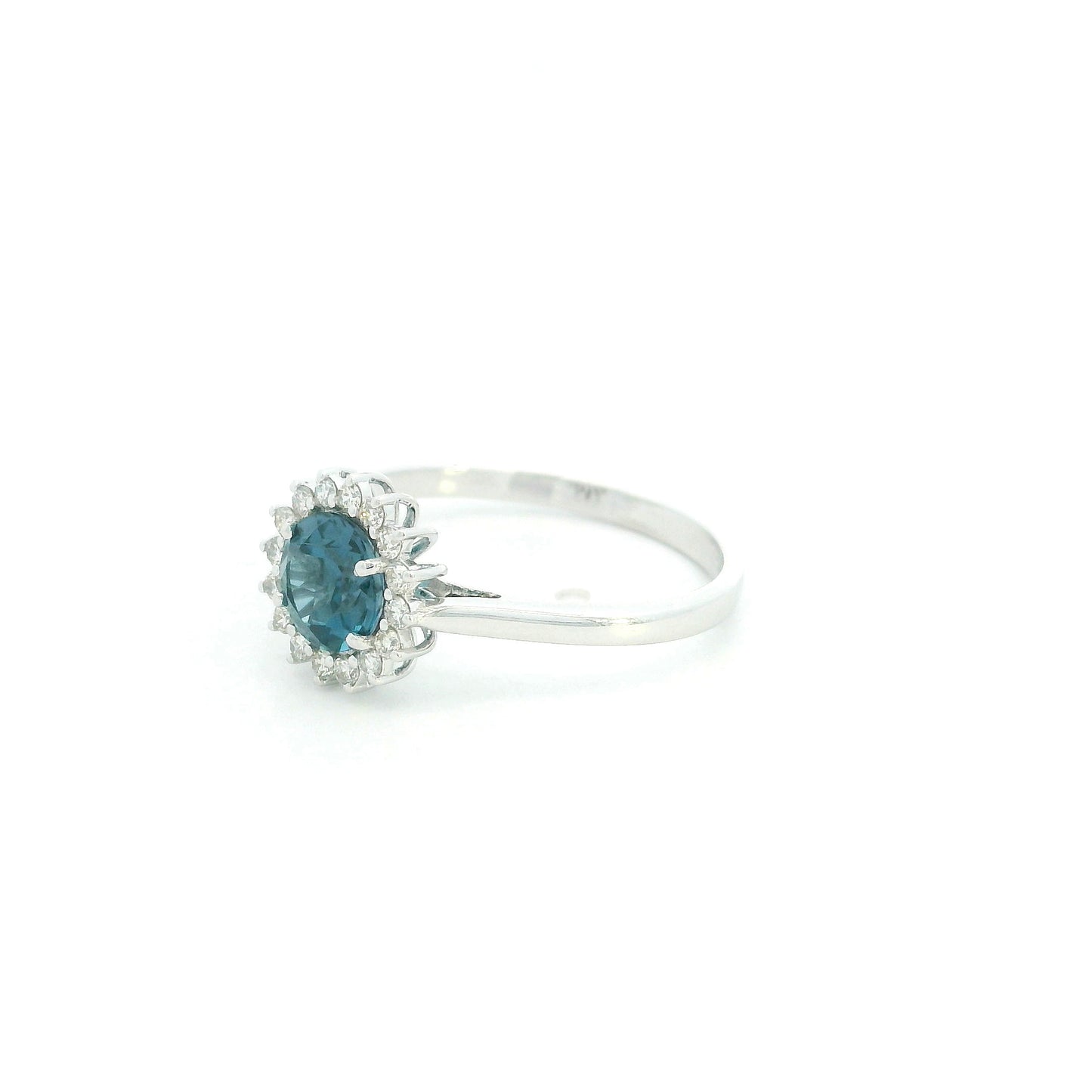 London Blue Topaz halo ring in 18K white gold with diamond floral halo and 0.93 carat center stone