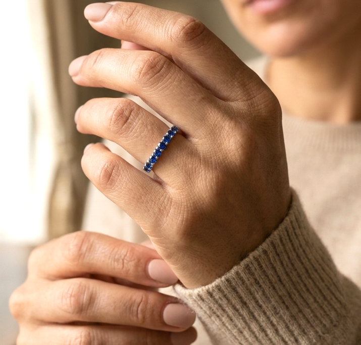 18K white gold blue sapphire half eternity ring with 0.53 carat natural sapphires