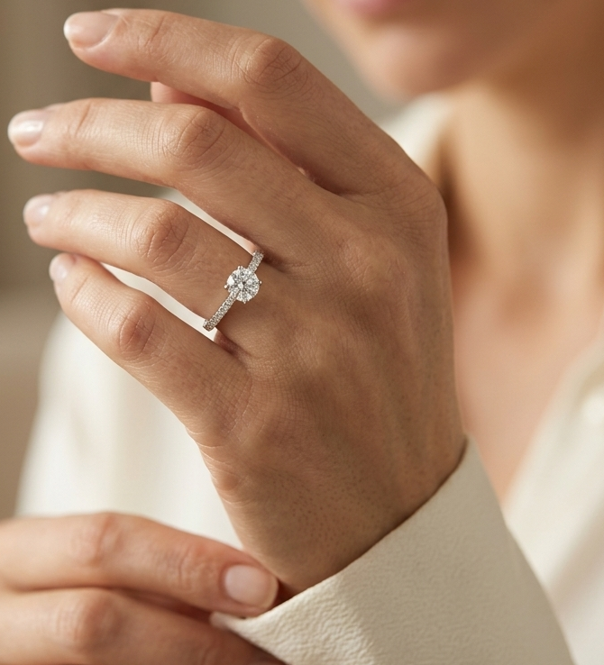 GIA certified 0.50 carat round diamond solitaire engagement ring in 18K white gold with diamond pavé band