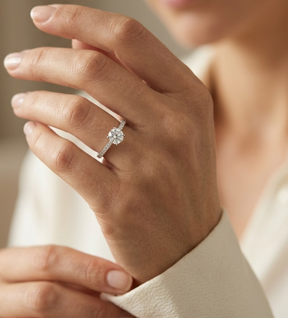 GIA certified 0.50 carat round diamond solitaire engagement ring in 18K white gold with diamond pavé band