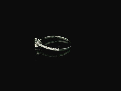 GIA certified 0.50 carat round diamond solitaire engagement ring in 18K white gold with diamond pavé band