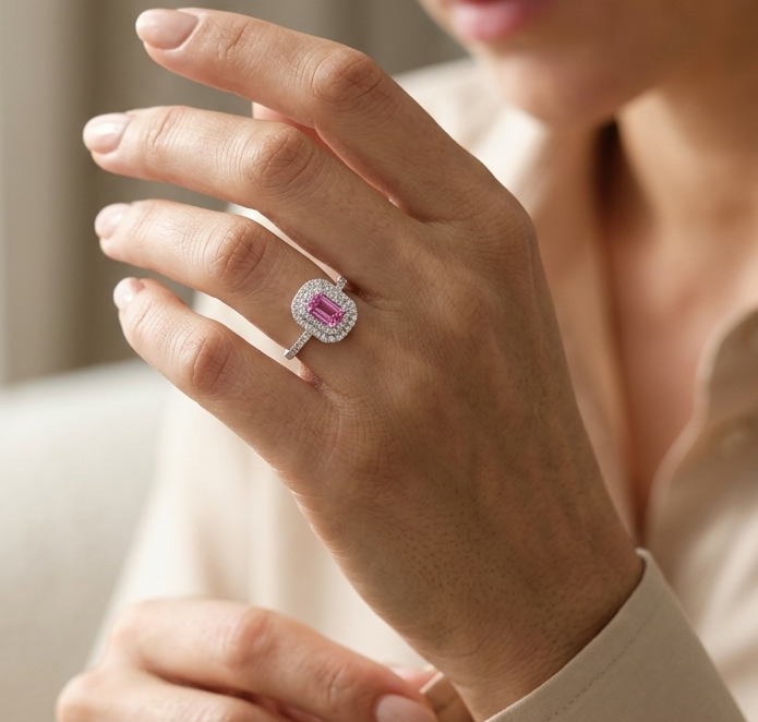 18K white gold pink sapphire halo ring featuring a 0.55 carat emerald-cut pink sapphire surrounded by a double halo of natural diamonds totaling 0.40 carat.