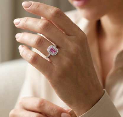 18K white gold pink sapphire halo ring featuring a 0.55 carat emerald-cut pink sapphire surrounded by a double halo of natural diamonds totaling 0.40 carat.