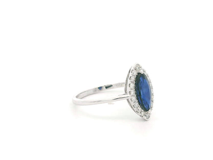 Marquise sapphire and diamond halo ring in 18K white gold with 1.14 carat natural sapphire