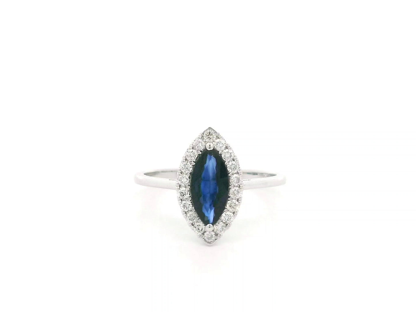 Marquise sapphire and diamond halo ring in 18K white gold with 1.14 carat natural sapphire