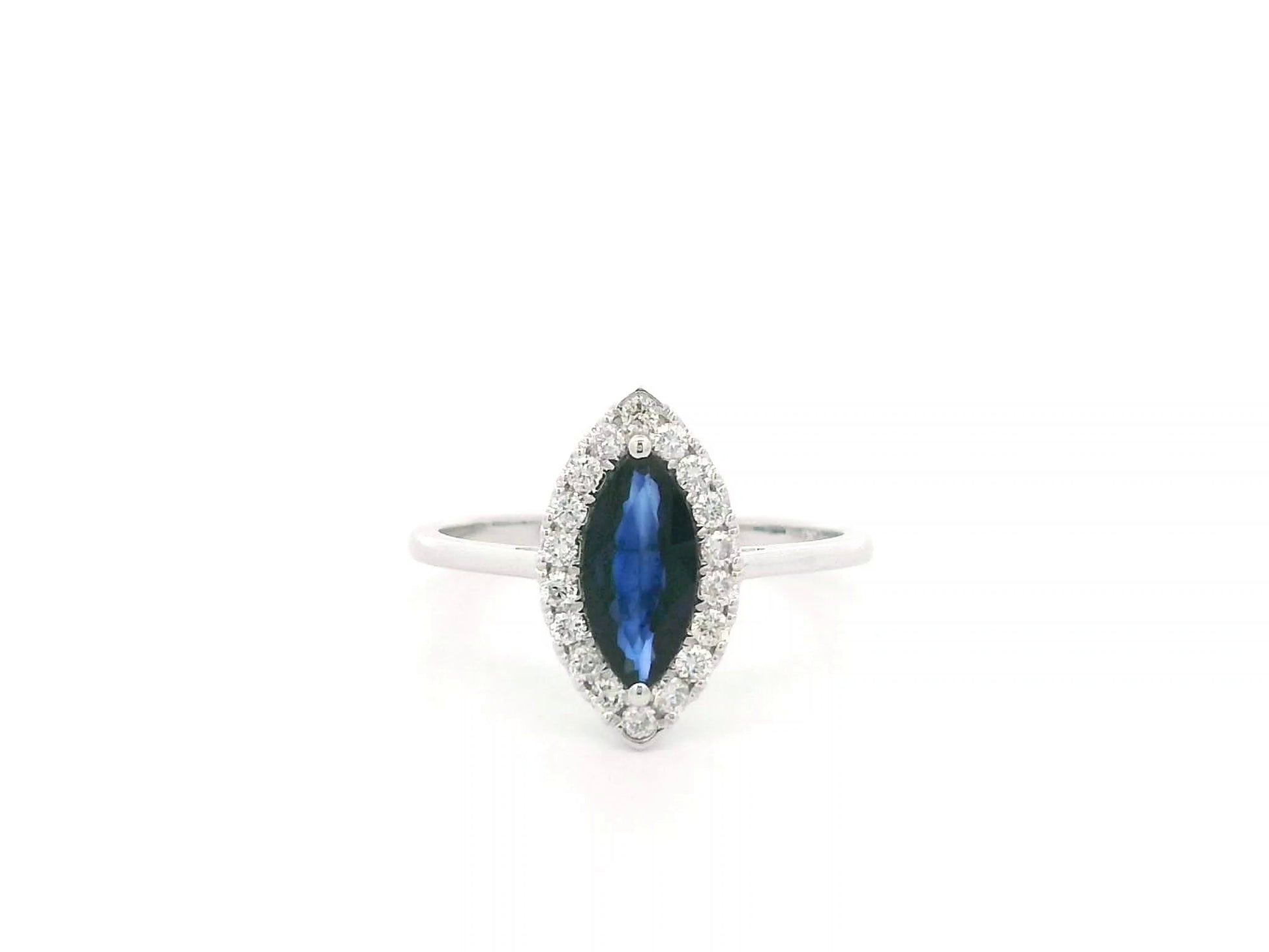 Marquise sapphire and diamond halo ring in 18K white gold with 1.14 carat natural sapphire