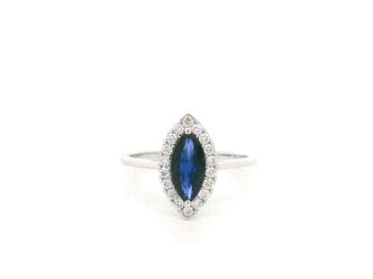 Marquise sapphire and diamond halo ring in 18K white gold with 1.14 carat natural sapphire