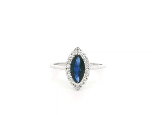 Marquise sapphire and diamond halo ring in 18K white gold with 1.14 carat natural sapphire