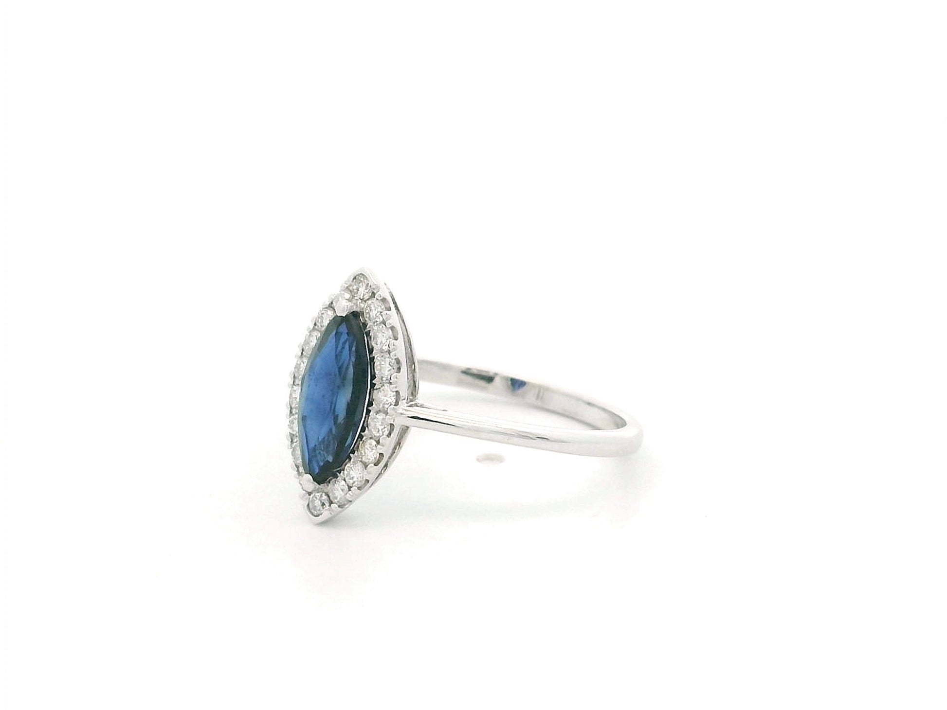 Marquise sapphire and diamond halo ring in 18K white gold with 1.14 carat natural sapphire