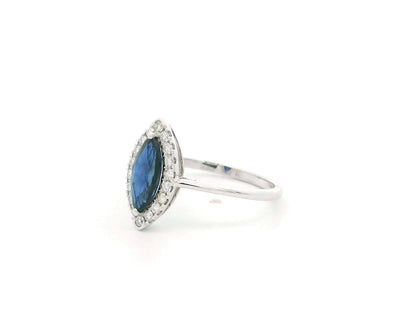 Marquise sapphire and diamond halo ring in 18K white gold with 1.14 carat natural sapphire