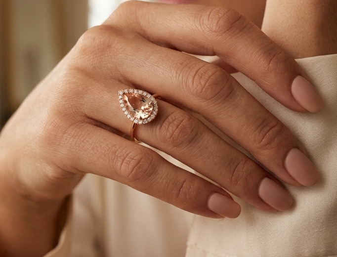 18K rose gold pear morganite halo ring with 3.16 carat natural morganite and 0.28 carat diamonds