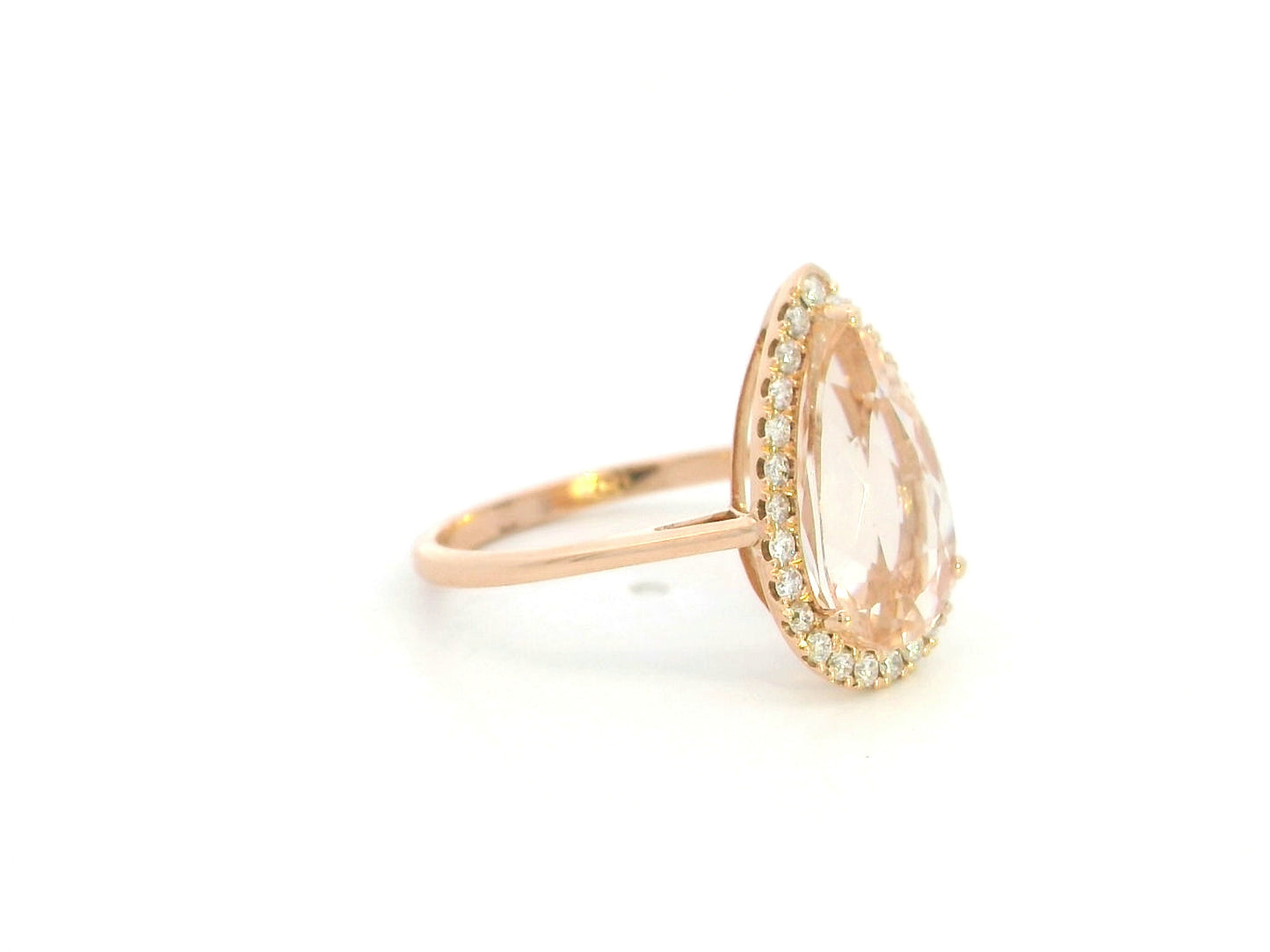 18K rose gold pear morganite halo ring with 3.16 carat natural morganite and 0.28 carat diamonds