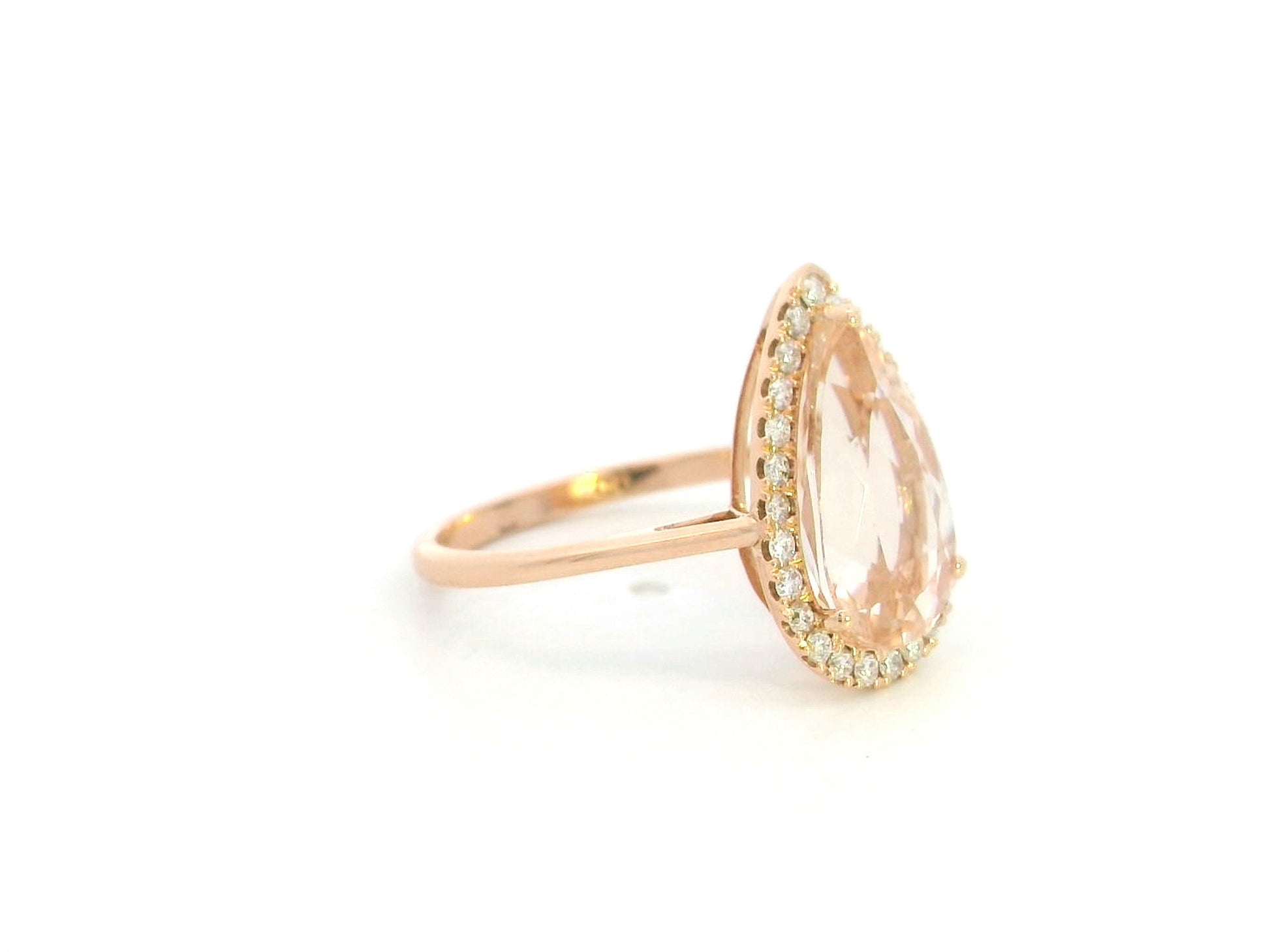 18K rose gold pear morganite halo ring with 3.16 carat natural morganite and 0.28 carat diamonds