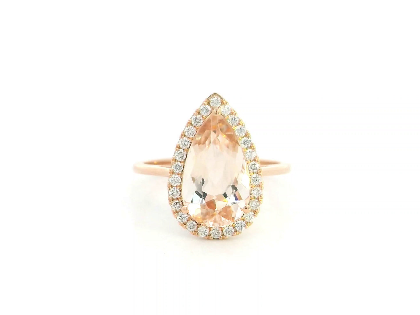 18K rose gold pear morganite halo ring with 3.16 carat natural morganite and 0.28 carat diamonds