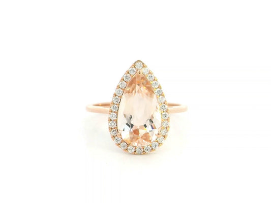 18K rose gold pear morganite halo ring with 3.16 carat natural morganite and 0.28 carat diamonds