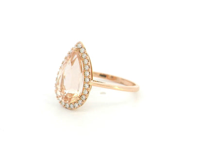 18K rose gold pear morganite halo ring with 3.16 carat natural morganite and 0.28 carat diamonds