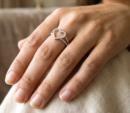 18K White Gold Open Heart Diamond Ring with 0.30 Carat Natural Diamonds and Split Shank Design