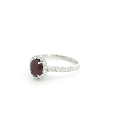 Ruby Diamond Halo Ring in 18K White Gold