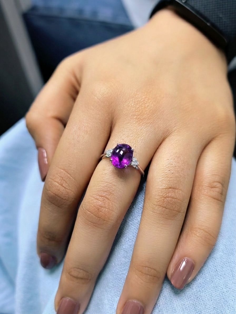 Natural oval cabochon amethyst ring in 18K white gold featuring a 2.92 carat purple amethyst and 0.08 carat natural diamond accents.