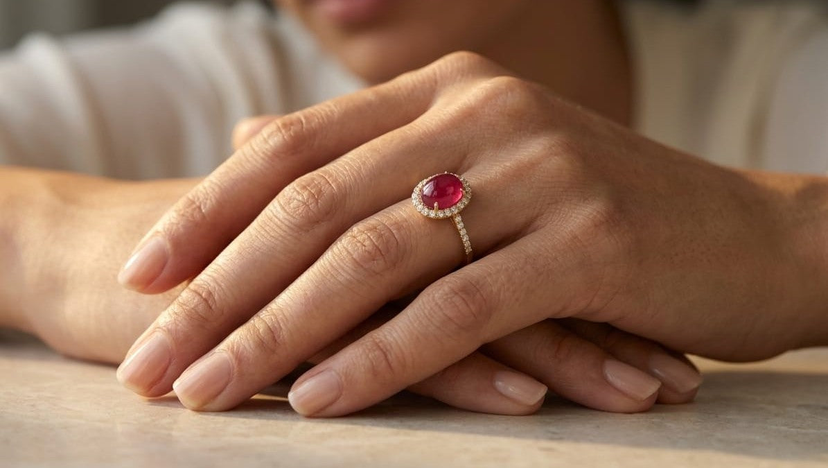18K yellow gold ruby cabochon halo ring featuring a 4.17 carat natural oval ruby surrounded by 0.33 carat natural diamonds.