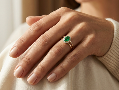 Emerald With Diamond Halo Ring in 18K Yellow Gold