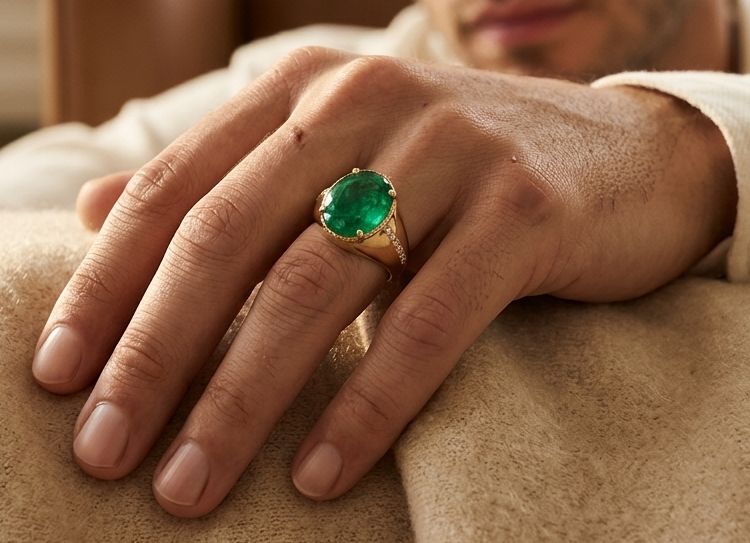 18K Yellow Gold Natural Oval Emerald Ring featuring a 5.59 Carat Emerald with 0.20 Carat Natural Diamond Accents