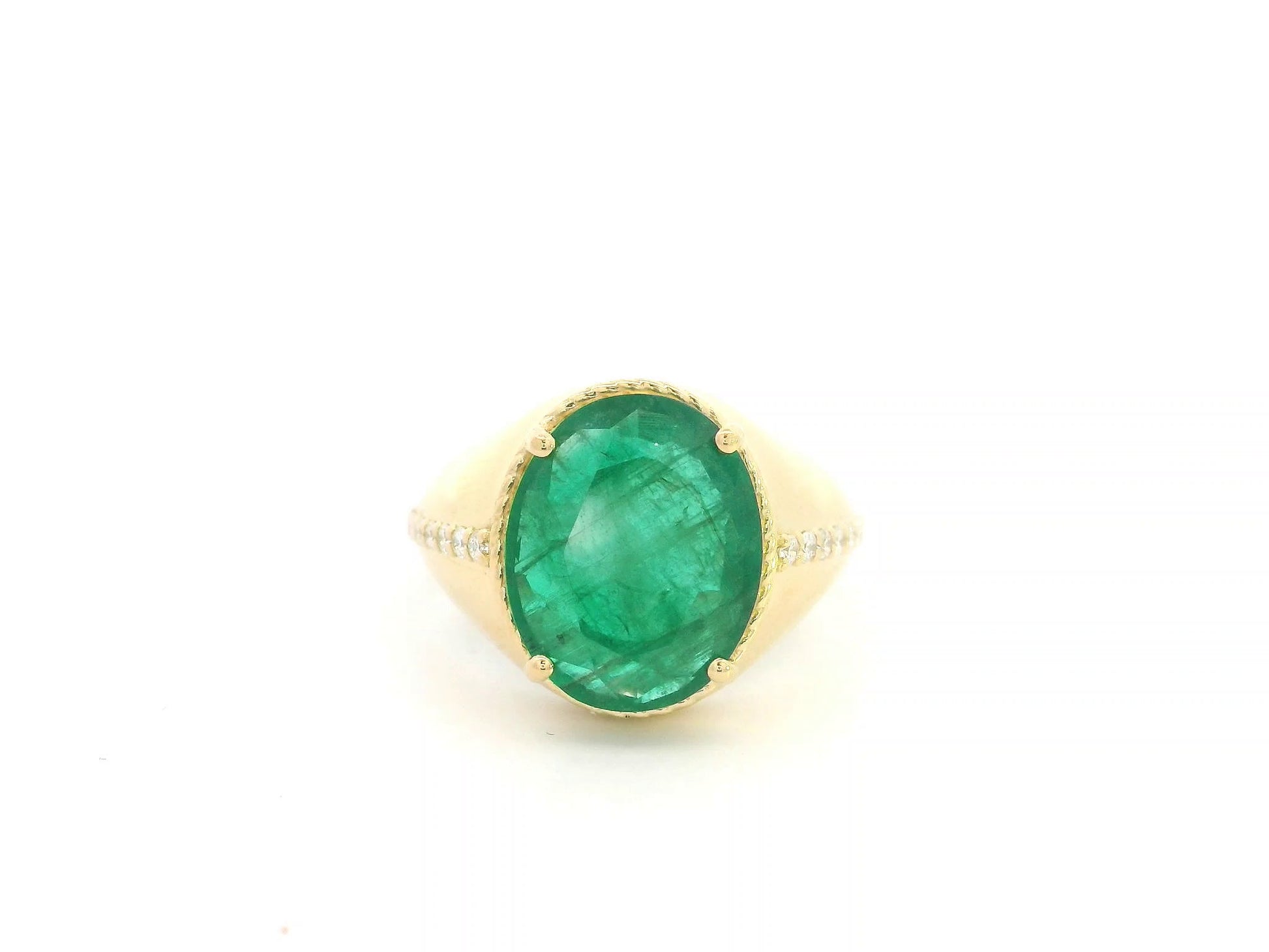 18K Yellow Gold Natural Oval Emerald Ring featuring a 5.59 Carat Emerald with 0.20 Carat Natural Diamond Accents