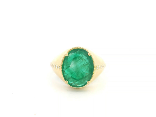 18K Yellow Gold Natural Oval Emerald Ring featuring a 5.59 Carat Emerald with 0.20 Carat Natural Diamond Accents